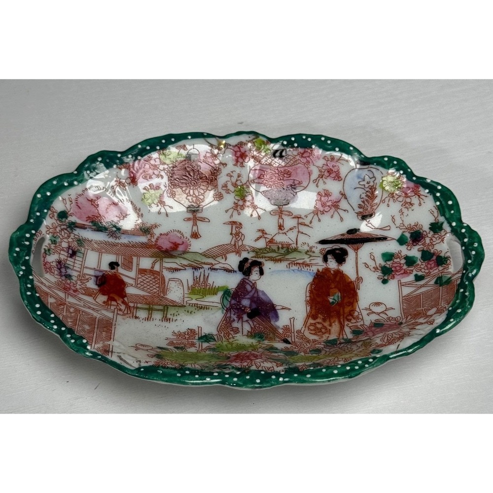 Vintage Scalloped Trinket Dish Geisha Scene Made in Japan Porcelain Green Trim